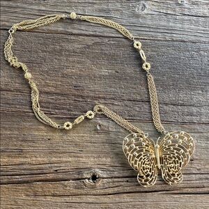 Butterfly Pendant Necklace Unsigned Pauline Rader Statement Gold Tone Massivee